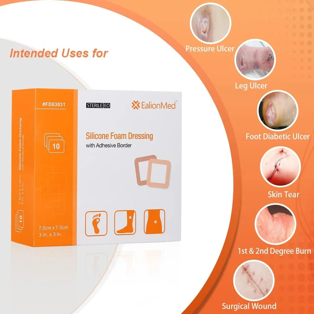 EalionMed Silicone Foam Dressing with Gentle Adhesive Border 3''x3'', 10 Pack, Painless Removal High Absorbency Bed Sore Wound Bandage for Pressure Sore, Leg Ulcer, Diabetic Ulcer
