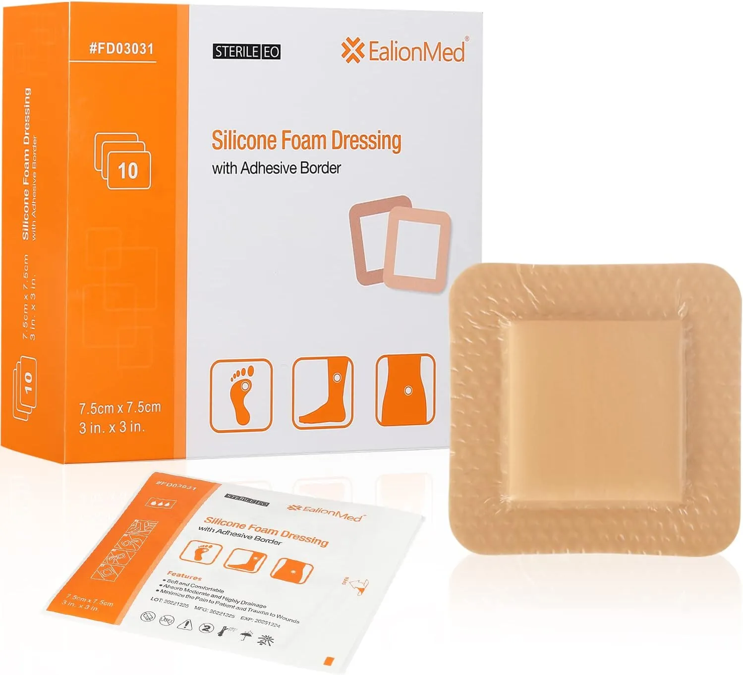 EalionMed Silicone Foam Dressing with Gentle Adhesive Border 3''x3'', 10 Pack, Painless Removal High Absorbency Bed Sore Wound Bandage for Pressure Sore, Leg Ulcer, Diabetic Ulcer