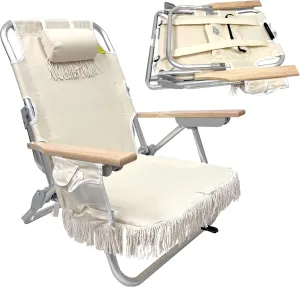 EASYGO PRODUCTS Tassel Backpack Beach Chair - 5 Positions and Cup Holder Pouch on Side - Padded Pillow - Storage Bag on Back - Lightweight Rustproof Aluminum - Black Frame, 1 Pack TAN