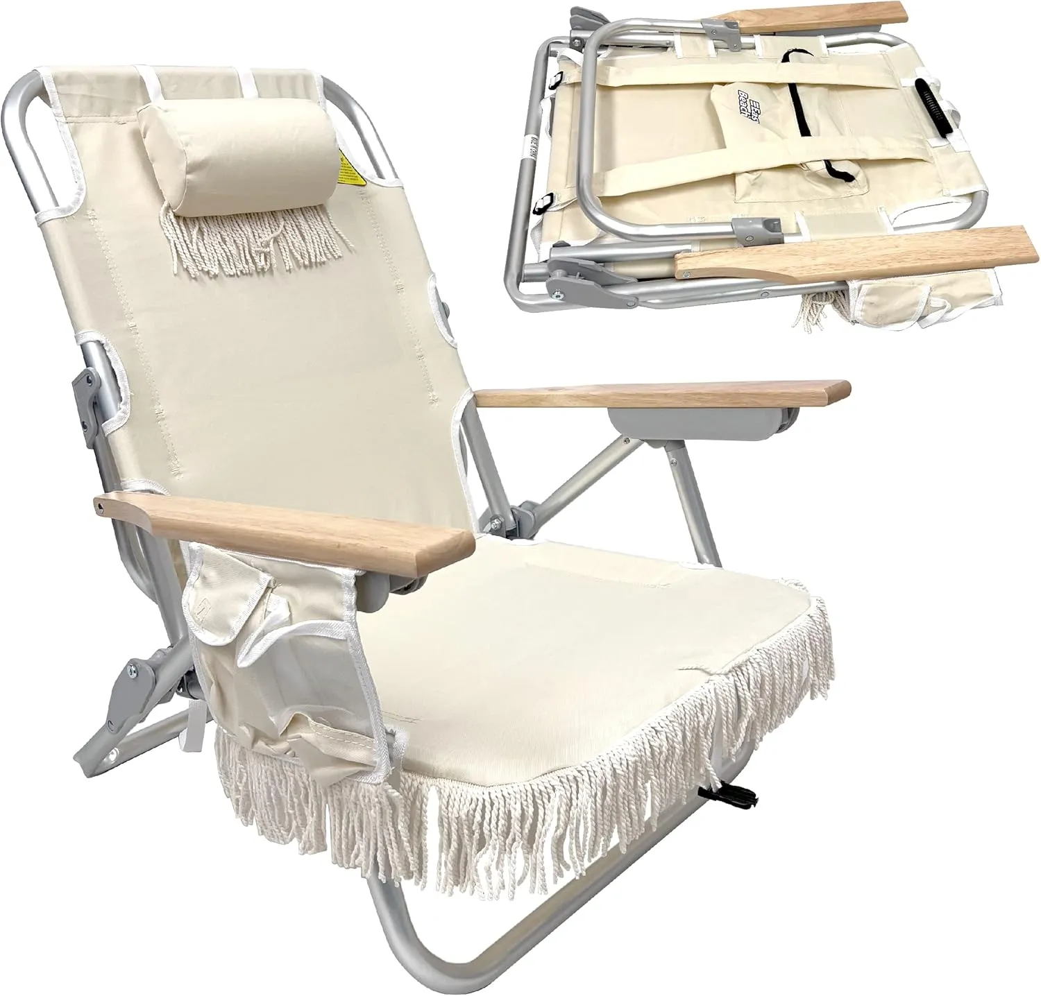 EASYGO PRODUCTS Tassel Backpack Beach Chair - 5 Positions and Cup Holder Pouch on Side - Padded Pillow - Storage Bag on Back - Lightweight Rustproof Aluminum - Black Frame, 1 Pack TAN