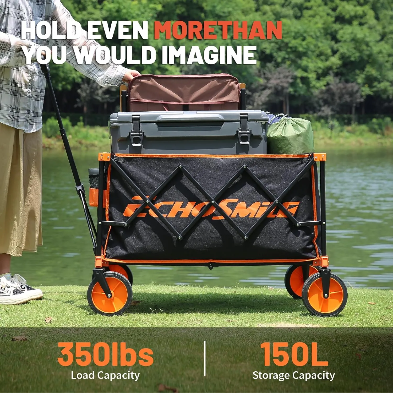 EchoSmile Heavy Duty 350 Lbs Capacity Collapsible Wagon, Outdoor Folding Camping Wagons, Grocery Portable Utility Cart, Adjustable Rolling Carts, All Terrain Sports Wagon with Big Wheels (Dark-Black)
