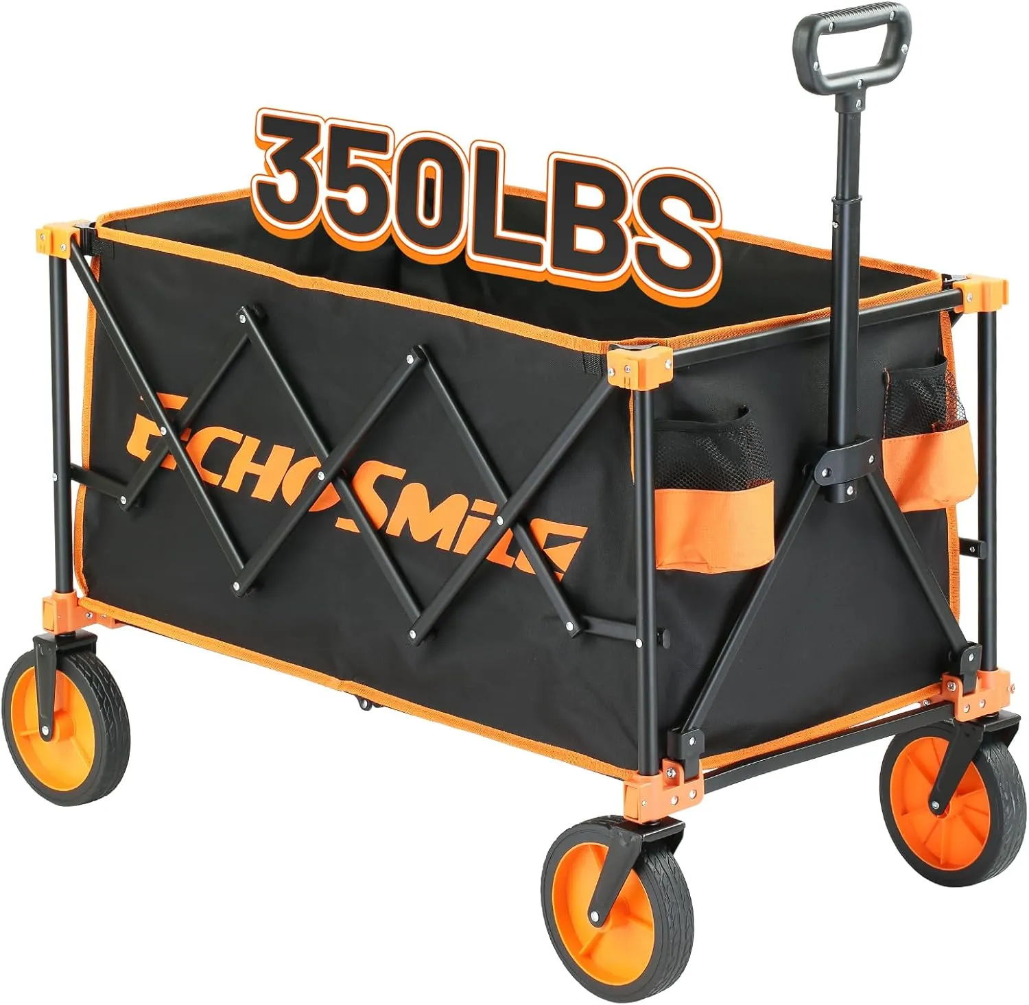 EchoSmile Heavy Duty 350 Lbs Capacity Collapsible Wagon, Outdoor Folding Camping Wagons, Grocery Portable Utility Cart, Adjustable Rolling Carts, All Terrain Sports Wagon with Big Wheels (Dark-Black)
