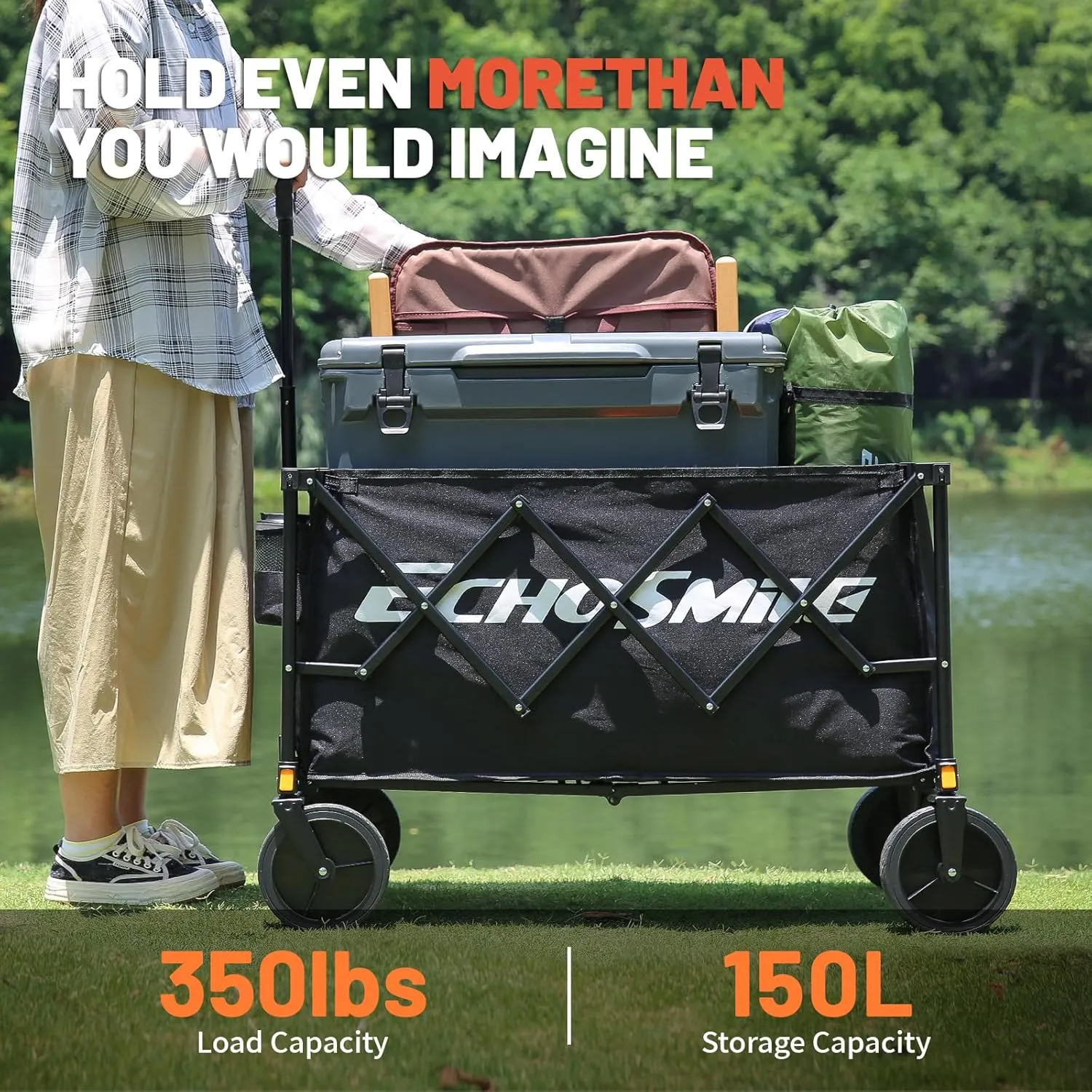 EchoSmile Heavy Duty 350 Lbs Capacity Collapsible Wagon, Outdoor Folding Camping Wagons, Grocery Portable Utility Cart, Adjustable Rolling Carts, All Terrain Sports Wagon with Big Wheels (Dark-Black)