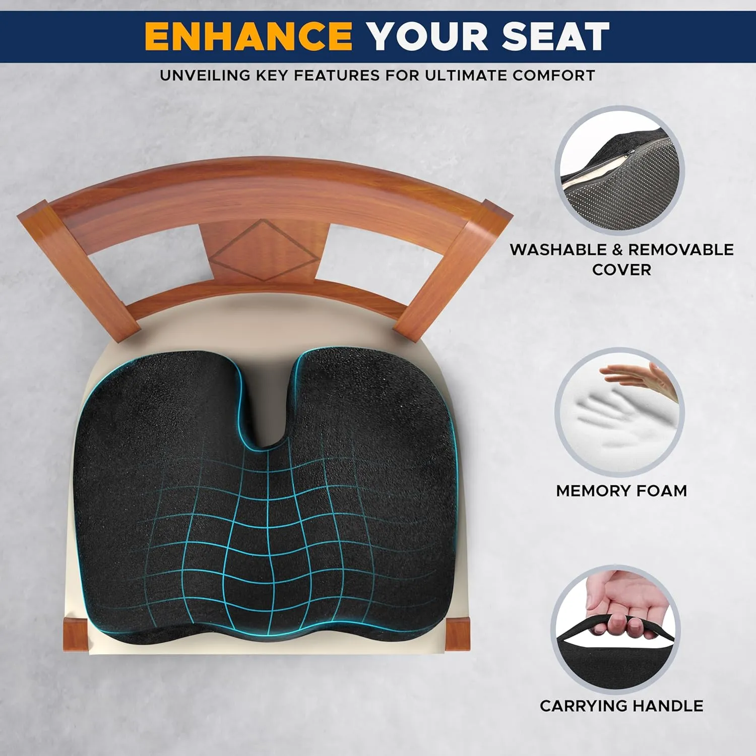 EcoNour Thick Memory Foam Gel Seat Cushion (Black) | Office Chair Cushion for Sciatica, Tailbone and Lower Back pain | Orthopedic cushion for Tail bone| Anti-Slip Support Pillow For Seniors and Driver