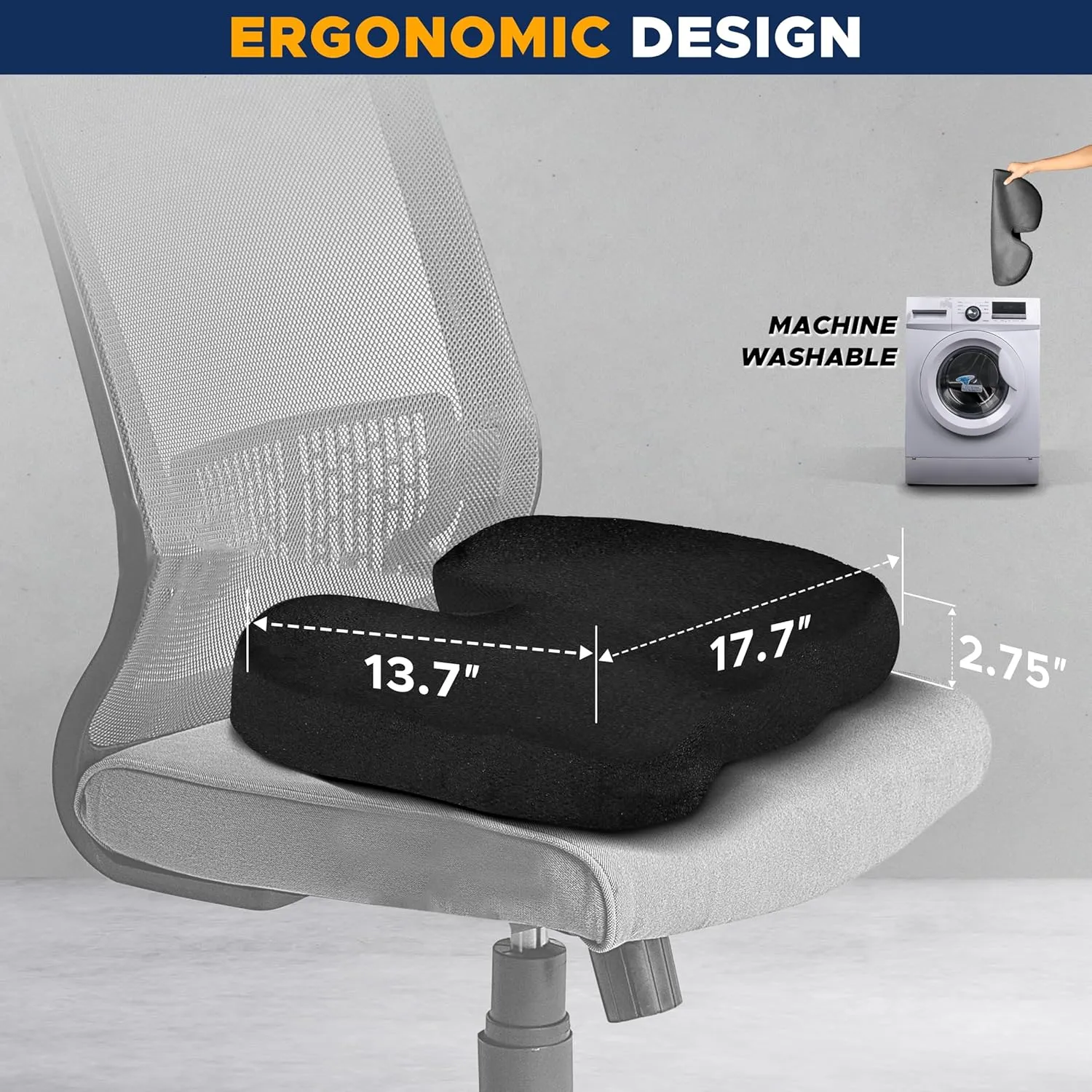 EcoNour Thick Memory Foam Gel Seat Cushion (Black) | Office Chair Cushion for Sciatica, Tailbone and Lower Back pain | Orthopedic cushion for Tail bone| Anti-Slip Support Pillow For Seniors and Driver