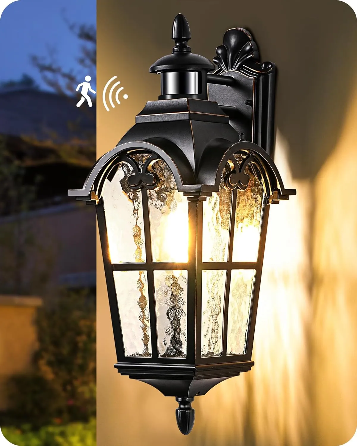 EDISHINE 20.2" Large Motion Sensor Outdoor Wall Lights, Dusk to Dawn Exterior Sconce with Water Ripple Glass, Waterproof Outside Porch Lighting Wall Mount Fixture for Front Door Garage
