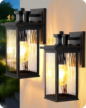 EDISHINE Motion Sensor Outdoor Light Fixtures Wall Mount, Dusk to Dawn Front Porch Light with Water Ripple Glass, Waterproof Exterior Wall Lanterns for Door Garage Patio, 2 Pack