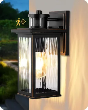 EDISHINE Motion Sensor Outdoor Wall Lights, Dusk to Dawn Exterior Lighting Fixtures Front Porch Light with Clear Water Ripple Glass, Outdoor Wall Lantern for House Garage, Black