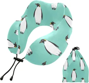 Eionryn Emperor Penguin Mint Blue Travel Pillow Memory Foam Neck Pillow with Travel Bag Soft for Headrest Sleep Airplane Car Travel Home,Office