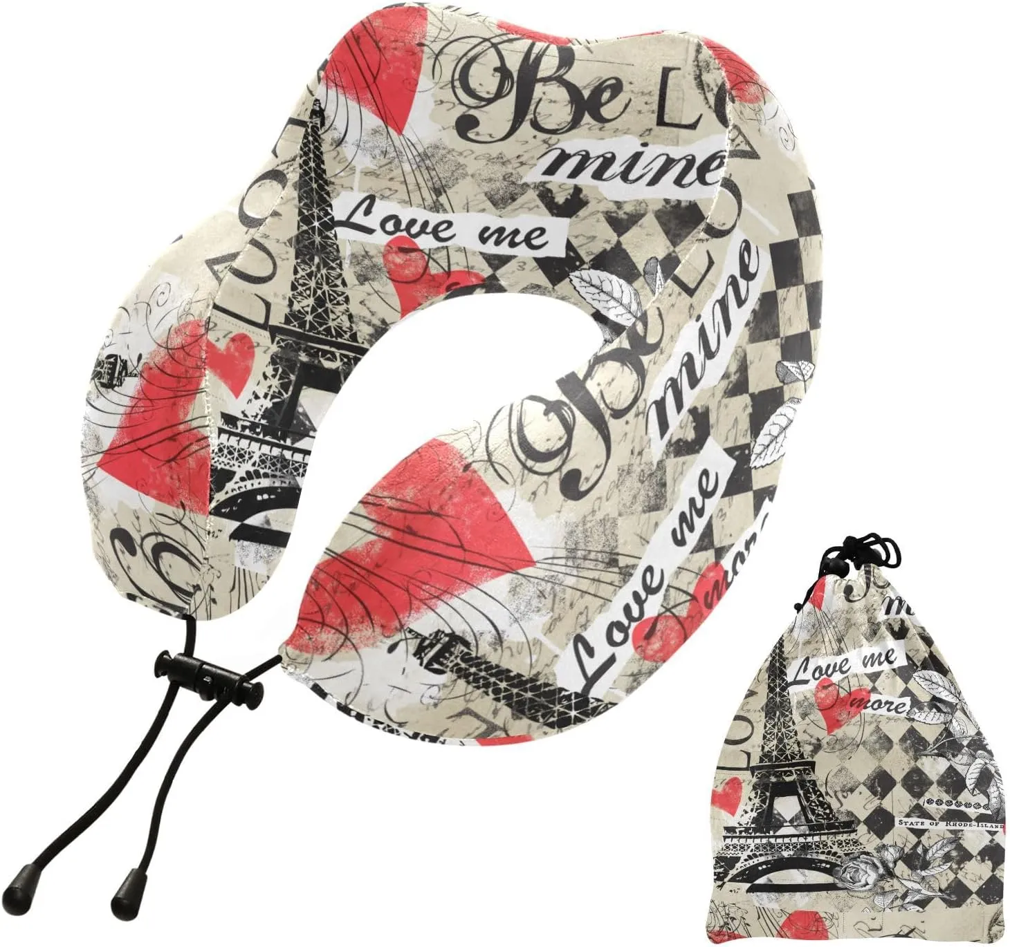 Eionryn Valentine's Day Hearts Travel Pillow Be Mine Effiel Tower Love Memory Foam Neck Pillow with Travel Bag Soft for Headrest Sleep Airplane Car Travel Home,Office