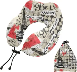 Eionryn Valentine's Day Hearts Travel Pillow Be Mine Effiel Tower Love Memory Foam Neck Pillow with Travel Bag Soft for Headrest Sleep Airplane Car Travel Home,Office
