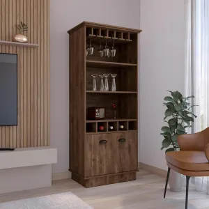 Elegant Bar Cabinet with Wine Rack for Organized Spaces, Stylish Glass Cabinet and Open Storage, Dark Brown, 70" Tall
