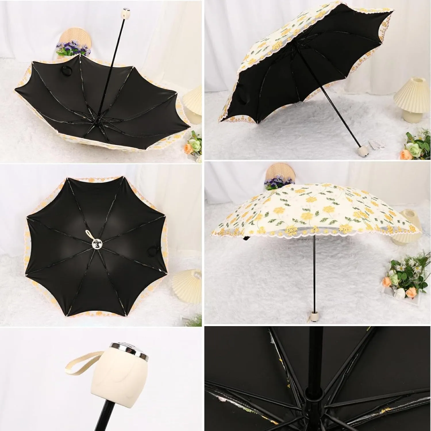 Embroidery Floral Lace Umbrella for Women/Girls, UV Umbrellas for Sun Protection,Folding Compact Umbrella,Portable Fancy Umbrella for Travel