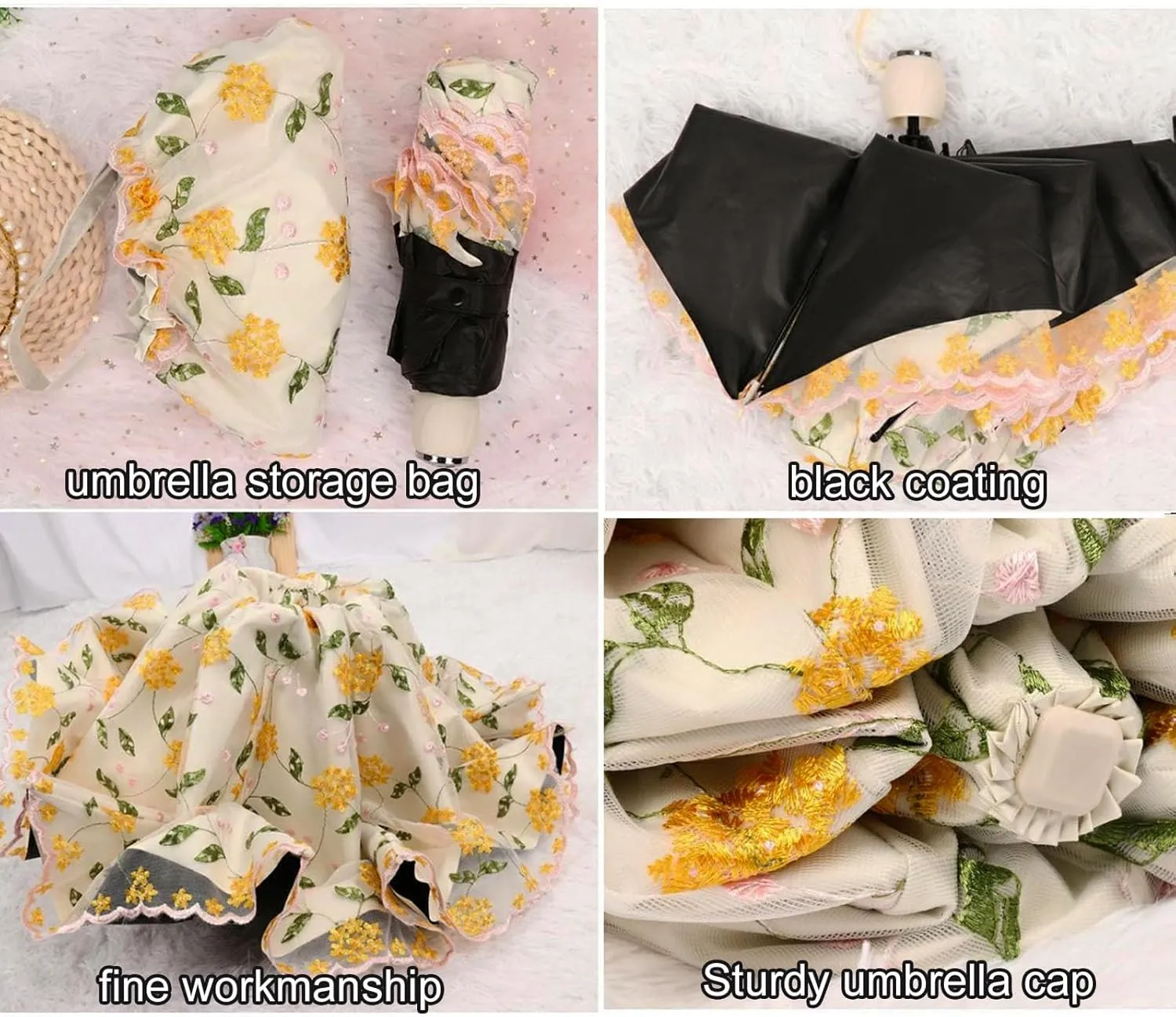 Embroidery Floral Lace Umbrella for Women/Girls, UV Umbrellas for Sun Protection,Folding Compact Umbrella,Portable Fancy Umbrella for Travel