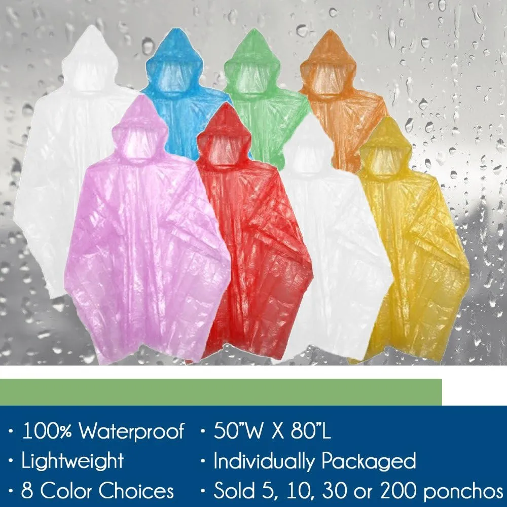Emergency Disposable Rain Ponchos 8 Colors - (Sold in 5, 10, 30, or 200 Packs)