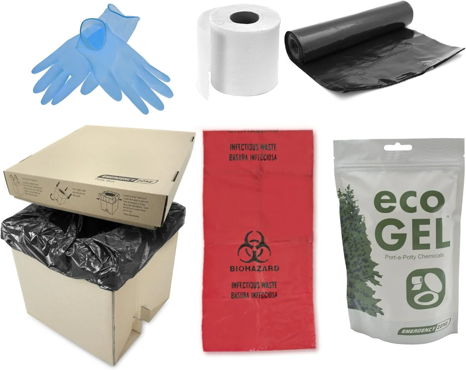 Emergency Zone Potty Box Complete Toilet Set, Portable, Collapsible Toilet with Liners and Toilet Chemicals. 1 Pack