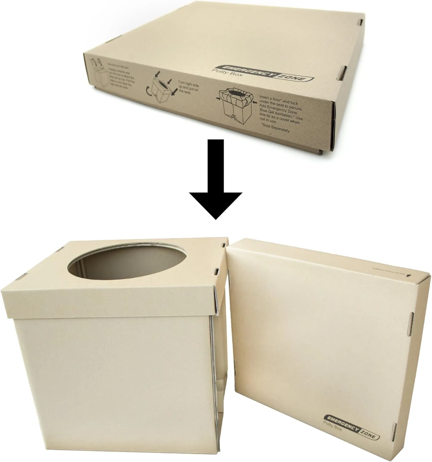 Emergency Zone Potty Box Complete Toilet Set, Portable, Collapsible Toilet with Liners and Toilet Chemicals. 1 Pack