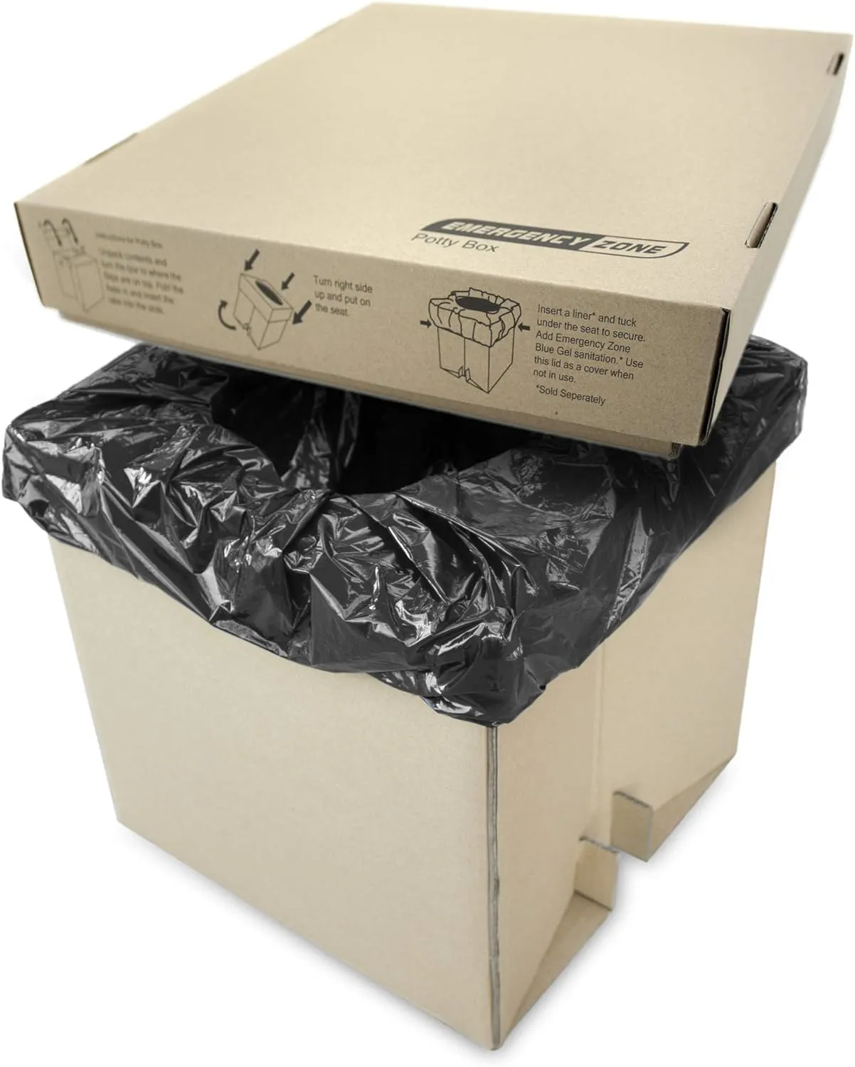 Emergency Zone Potty Box Complete Toilet Set, Portable, Collapsible Toilet with Liners and Toilet Chemicals. 1 Pack