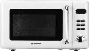 Emerson MWR7020W Compact Countertop Microwave Oven with Button Control, LED Display, 700W 5 Power Levels, 8 Auto Menus, Glass Turntable and Child Safe Lock, 0.7, Retro White