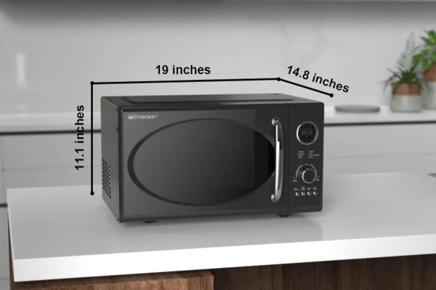 Emerson MWRG0901BK Retro Compact Countertop 800W Microwave Oven with 1,000W Grill Function, LED Display, 5 Power Levels, 8 Auto Menus, Glass Turntable and Child Safe Lock, 0.9 Cu. Ft., Black