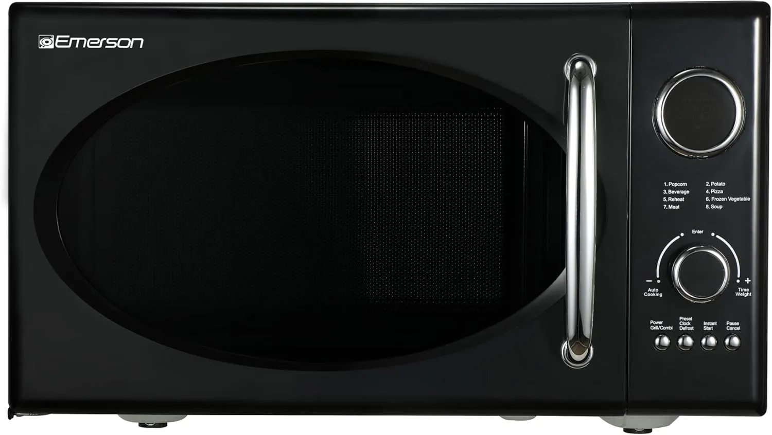 Emerson MWRG0901BK Retro Compact Countertop 800W Microwave Oven with 1,000W Grill Function, LED Display, 5 Power Levels, 8 Auto Menus, Glass Turntable and Child Safe Lock, 0.9 Cu. Ft., Black