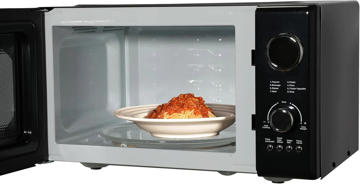 Emerson MWRG0901BK Retro Compact Countertop 800W Microwave Oven with 1,000W Grill Function, LED Display, 5 Power Levels, 8 Auto Menus, Glass Turntable and Child Safe Lock, 0.9 Cu. Ft., Black