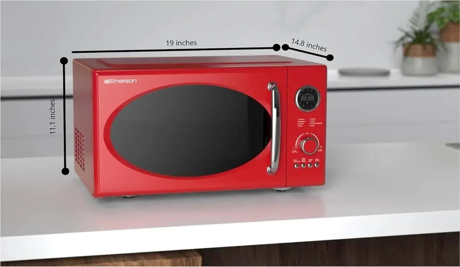 Emerson MWRG0901RD Retro Compact Countertop 800W Microwave Oven with 1,000W Grill Function, LED Display 5 Power Levels, 8 Auto Menus, Glass Turntable and Child Safe Lock, 0.9 Cu. Ft, Red