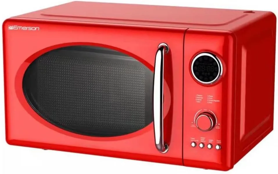 Emerson MWRG0901RD Retro Compact Countertop 800W Microwave Oven with 1,000W Grill Function, LED Display 5 Power Levels, 8 Auto Menus, Glass Turntable and Child Safe Lock, 0.9 Cu. Ft, Red