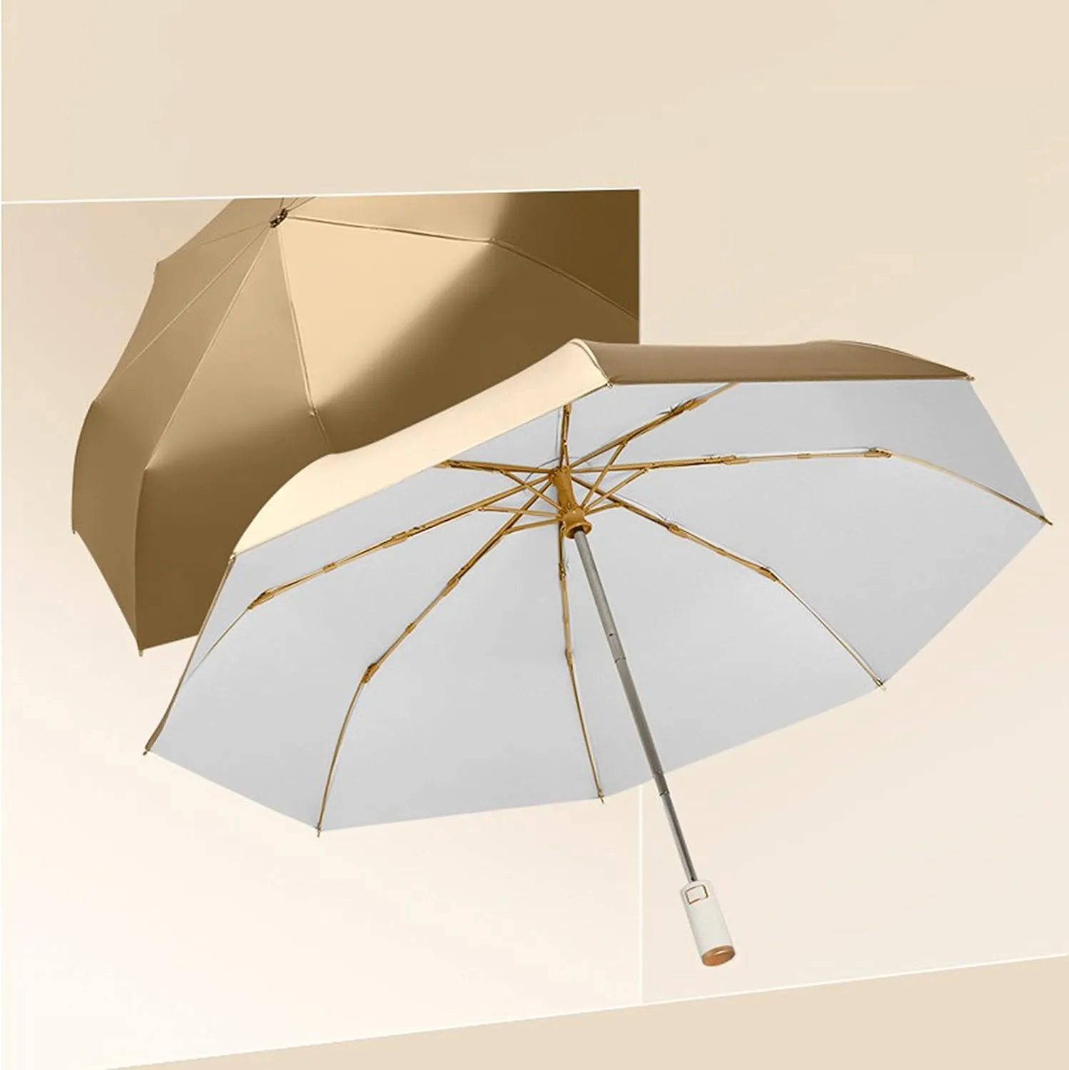 erised's bifrost Light Small Compact Travel Automatic Golden Folding Umbrella 8 Ribs,Auto Open Close Button,Portable,Ergonomic Handle,99 UV Protection,Rain Sun,Backpack,Women Men