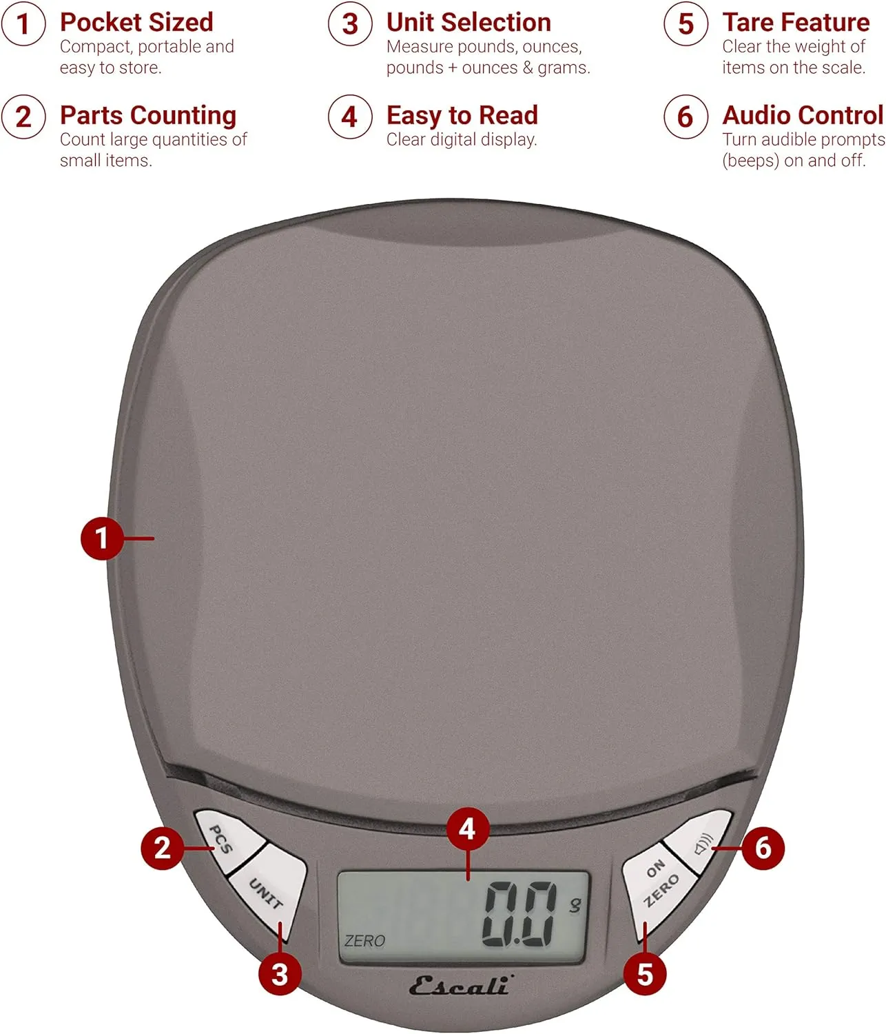 Escali Pico PR500S Precision Kitchen Food Scale for Baking and Cooking, Lightweight and Durable Design, LCD Digital Display, Lifetime ltd. Warranty, Metallic Small