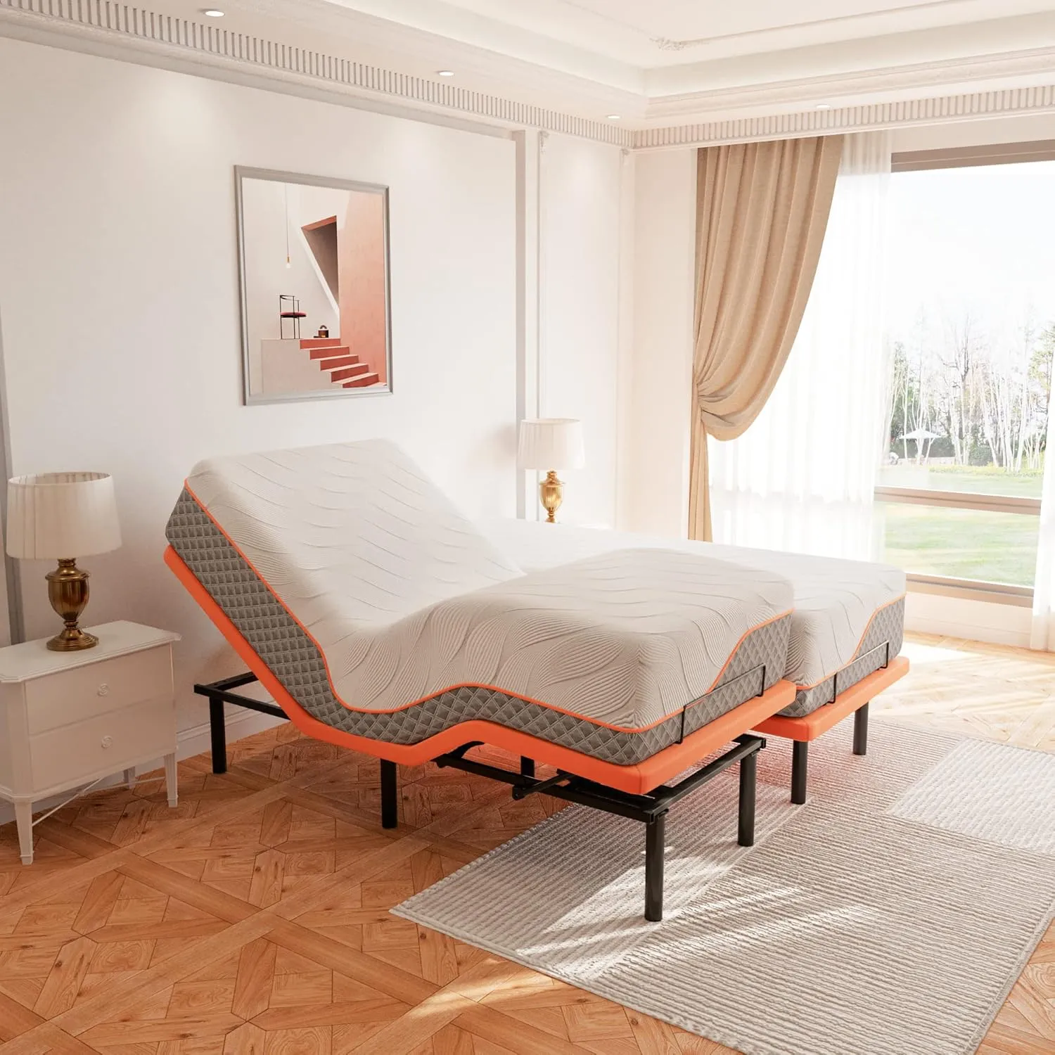 ESHINE Adjustable Bed with Mattress 2000 Series, Adjustable Bed Frame Split King   Memory Foam Hybrid 14" Mattress, 5 Minutes Installation, Head and Foot Incline