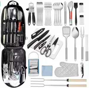 Essential Camping Utensils Set, Campers Mess Gear Kit, Portable Stainless Steel Kitchen Accessories, Must Have Car Travel Cutlery, Cookware Cooking Tools Equipment, Outdoor Survival for Men and Women