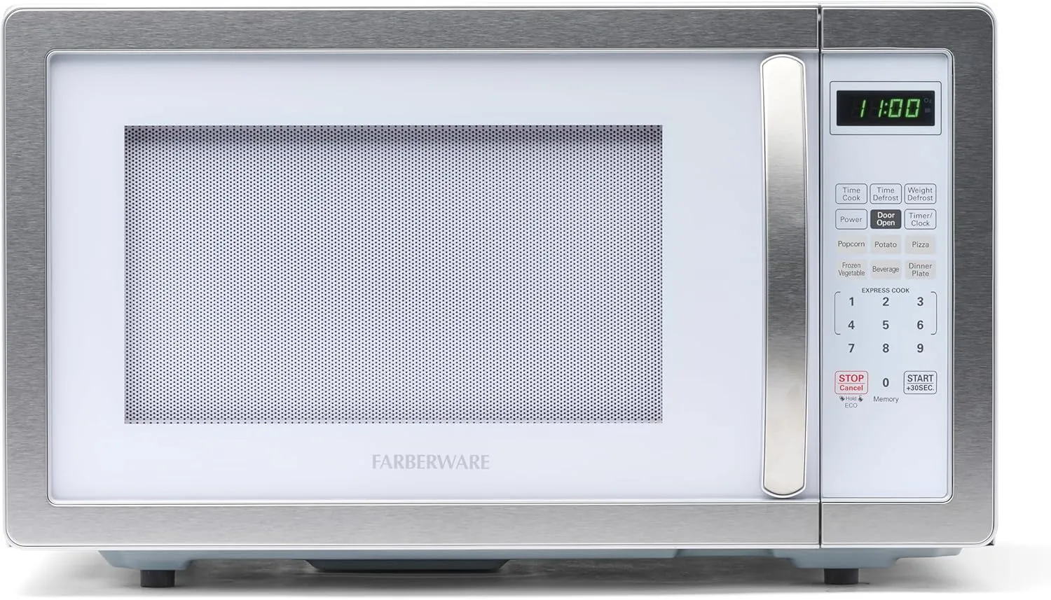 Farberware Countertop Microwave 1000 Watts, 1.1 cu ft - Microwave Oven With LED Lighting and Child Lock - Perfect for Apartments and Dorms - Easy Clean White, Platinum