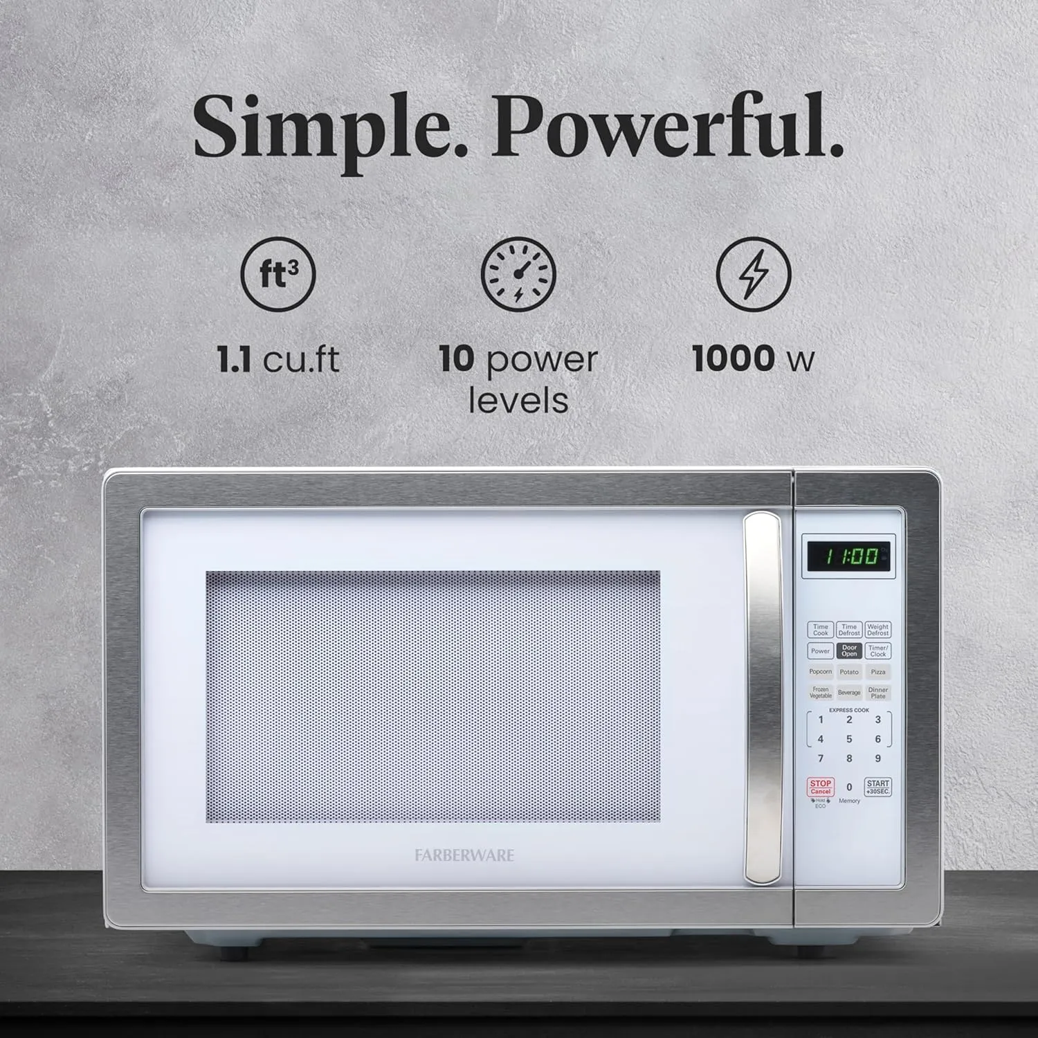 Farberware Countertop Microwave 1000 Watts, 1.1 cu ft - Microwave Oven With LED Lighting and Child Lock - Perfect for Apartments and Dorms - Easy Clean White, Platinum