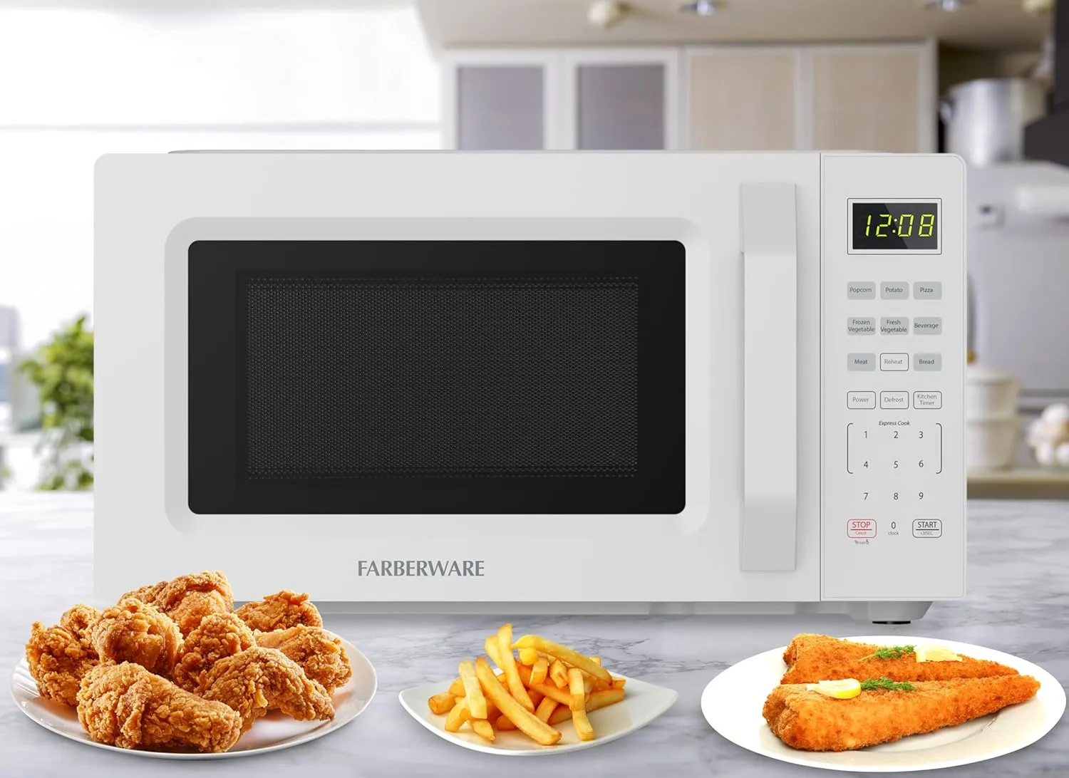 Farberware Countertop Microwave Oven 700W, 0.7 Cu. Ft. Capacity, Compact Design with Turntable, Digital Display & Auto-Cook Functions, White