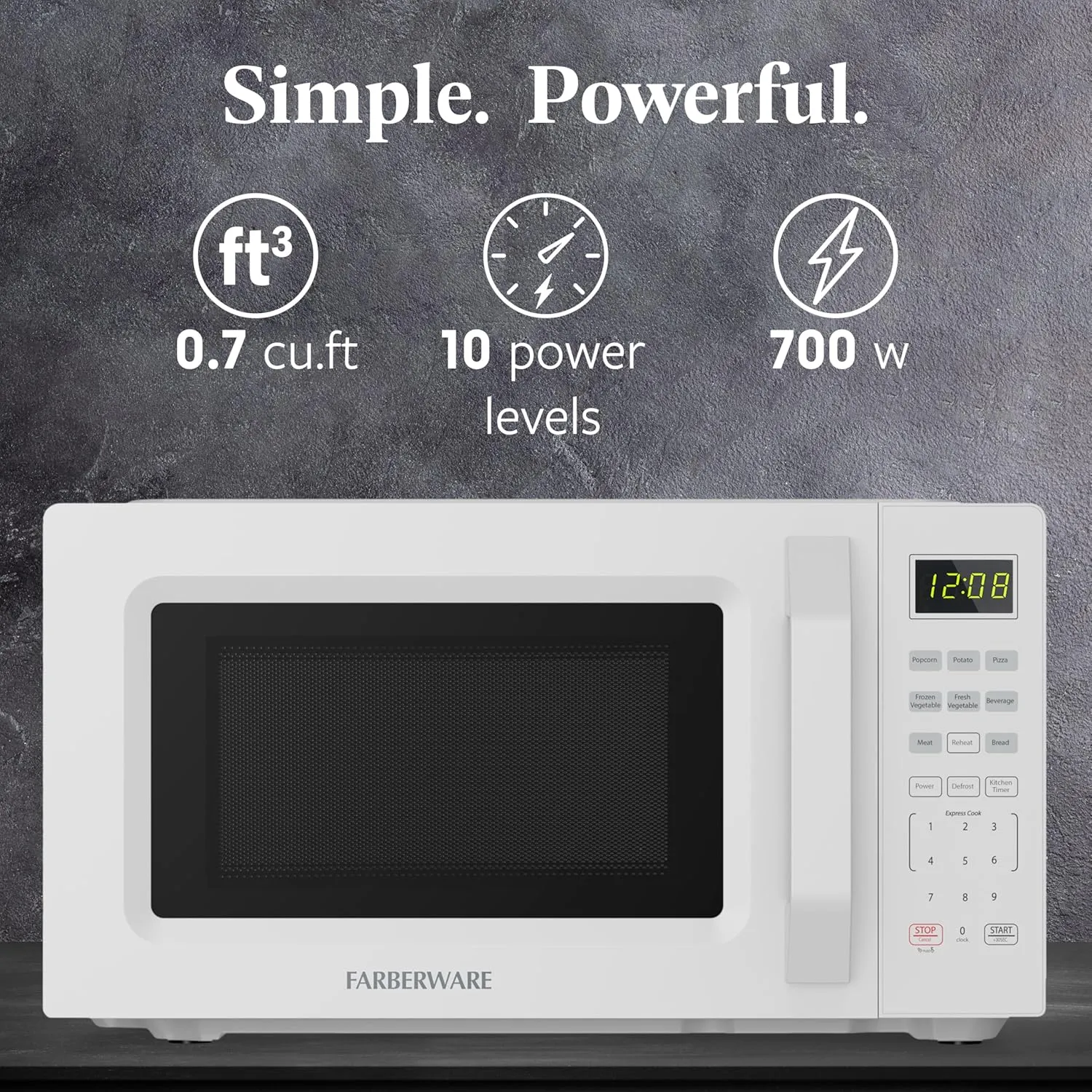 Farberware Countertop Microwave Oven 700W, 0.7 Cu. Ft. Capacity, Compact Design with Turntable, Digital Display & Auto-Cook Functions, White