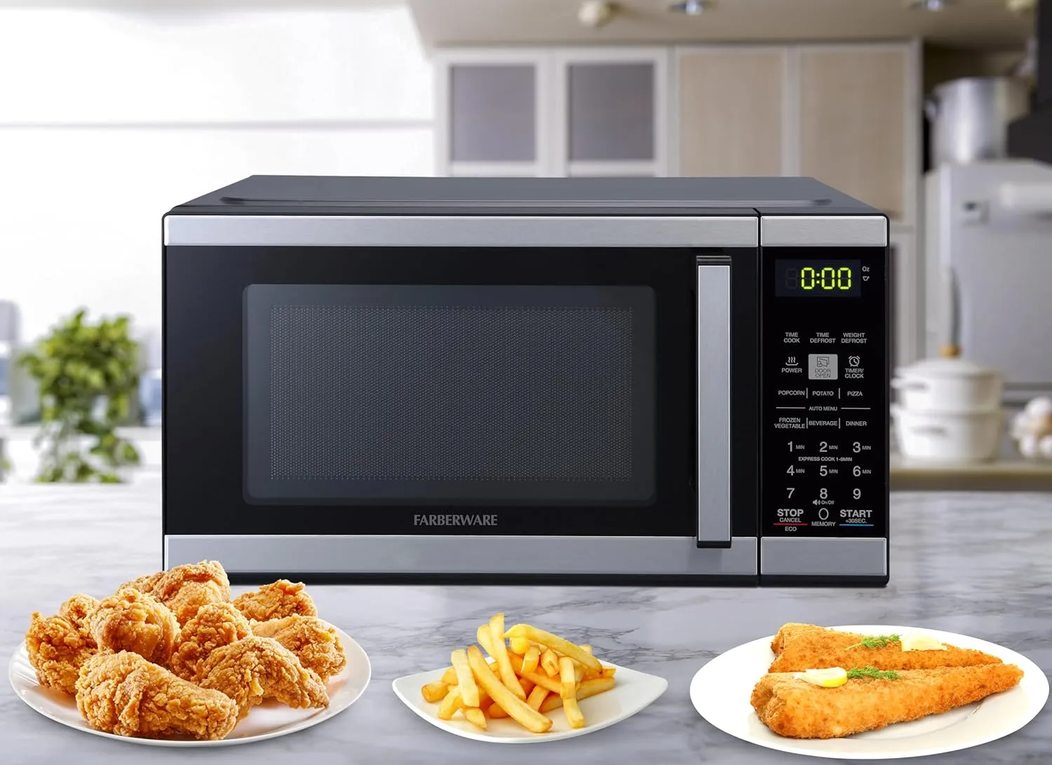 Farberware FMO09BLKSS Countertop 900 Watts Microwave Oven with Child Lock-Perfect for Apartments and Dorms-Easy Clean Grey Interior, 0.9 Cu. Ft, Black Stainless