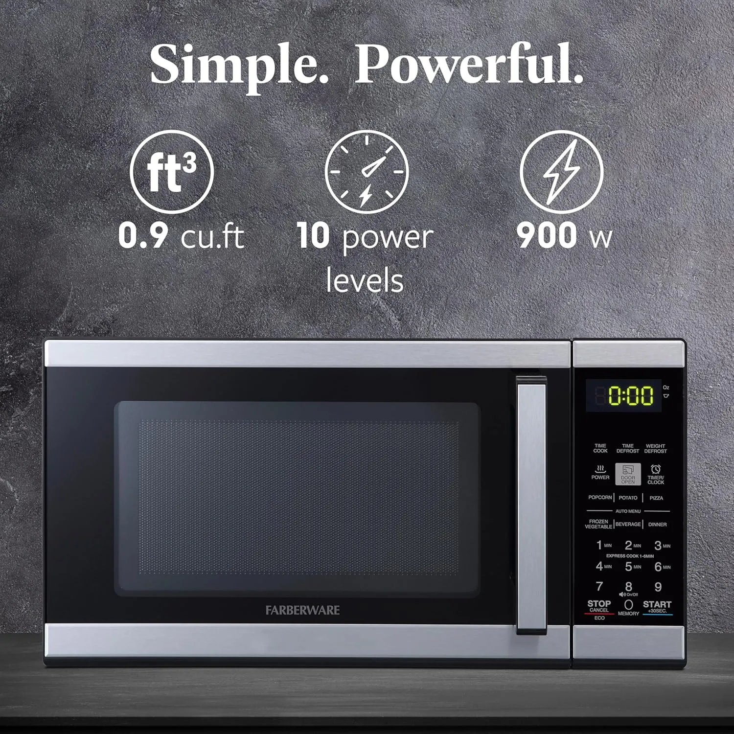 Farberware FMO09BLKSS Countertop 900 Watts Microwave Oven with Child Lock-Perfect for Apartments and Dorms-Easy Clean Grey Interior, 0.9 Cu. Ft, Black Stainless