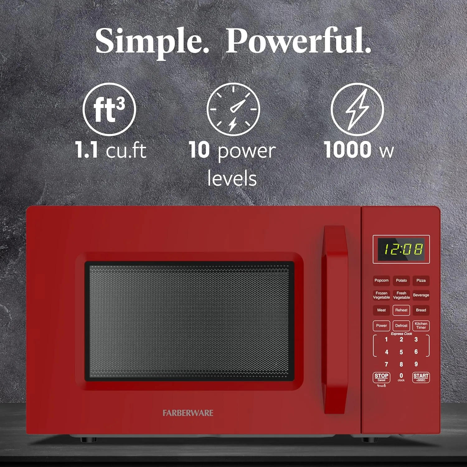 Farberware FMO11WEIRD Countertop Oven Compact Microwave with Child-Lock, Reheat Function, Express Cook, and Kitchen Timer, 1.1 Cu. Ft, Red
