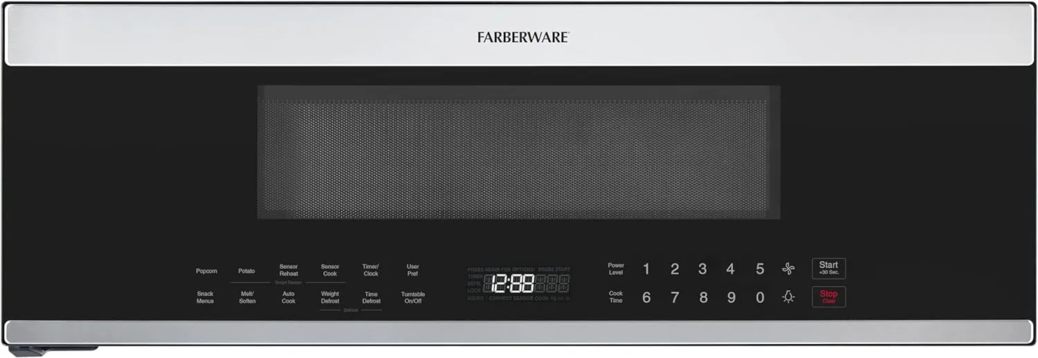 Farberware Over-the-Range Microwave Oven, 1.2 Cu. Ft. - 1000W - Auto Reheat, Multi-Stage Cooking, Melt/Soften Feature, Child Safety Lock, LED Display - Space Efficient & Powerful - Stainless Steel