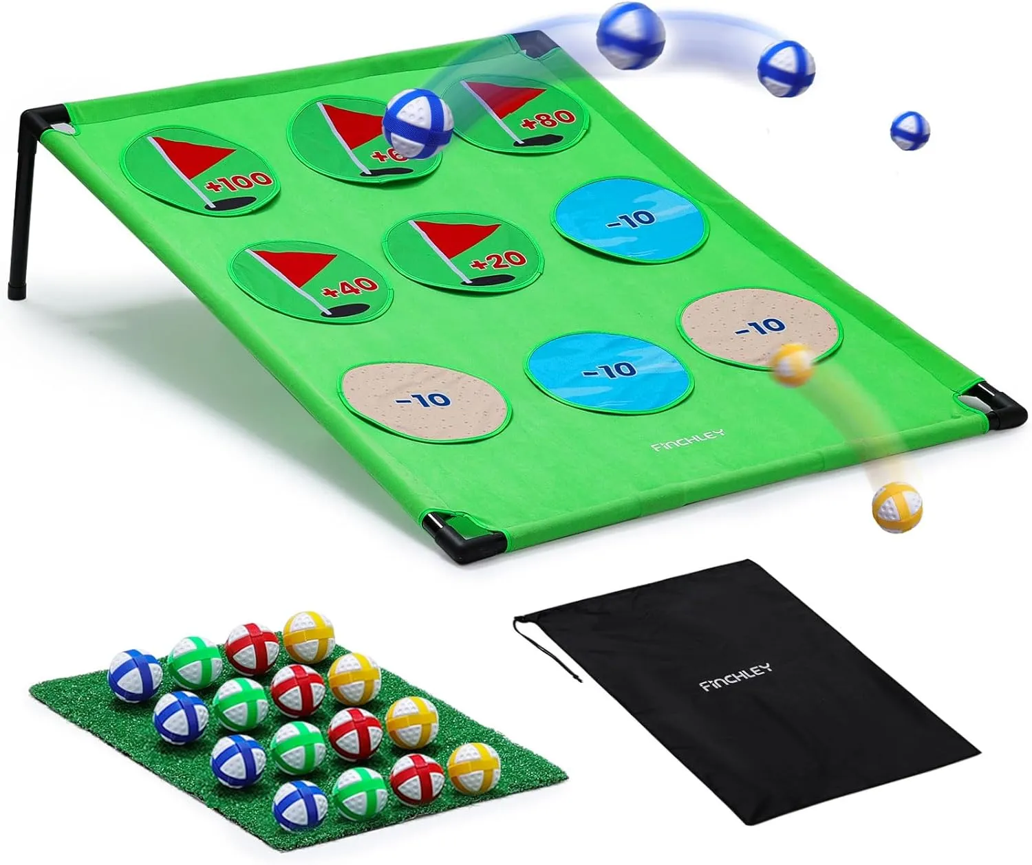 Finchley Chipping Game Set | 16 Balls, 9-Hole Target Board, Putting Mat & Bag | Casual Home Golf Game for Golfers | Golf Gifts for Men & Women