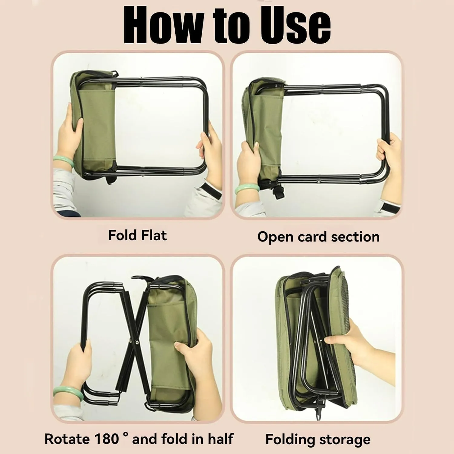 Foldable Backpack Stool, Portable Folding Camping Stool with Carry Bag, Portable Seats for Mountaineering and Hiking, Foldable Chair with Carrying Bag (Green, Large)