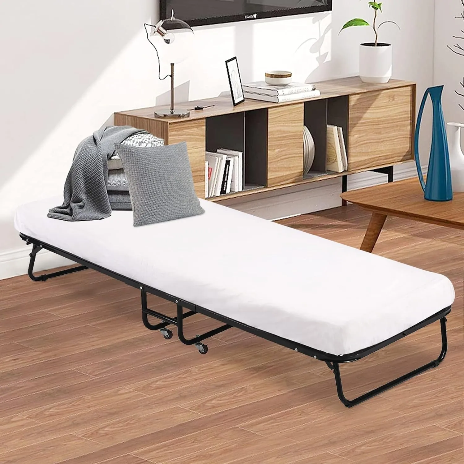 Foldable Bed Frame Camping Cot Guest Bed with 3.9 Inch Comfort Foam Mattress Rollaway Bed Twin Folding Bed with Mattress for Adults, Kids (White)