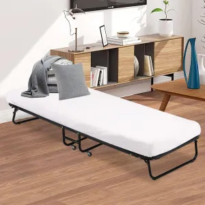 Foldable Bed Frame Camping Cot Guest Bed with 3.9 Inch Comfort Foam Mattress Rollaway Bed Twin Folding Bed with Mattress for Adults, Kids (White)