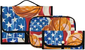 Foldable Hanging Travel Toiletry Organizer Set 3-Piece with Cosmetic Bag & Brush Holder - Basketball (3)
