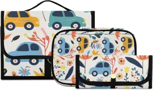 Foldable Hanging Travel Toiletry Organizer Set 3-Piece with Cosmetic Bag & Brush Holder - Cartoon Car Pattern (1)
