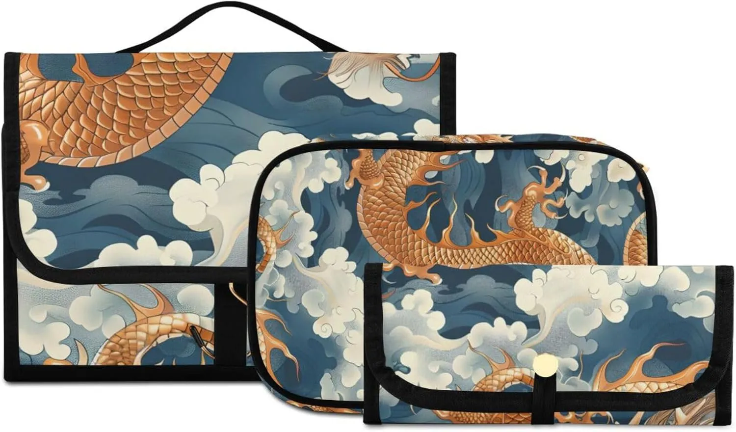 Foldable Hanging Travel Toiletry Organizer Set 3-Piece with Cosmetic Bag & Brush Holder - Chinese Dragon (11)