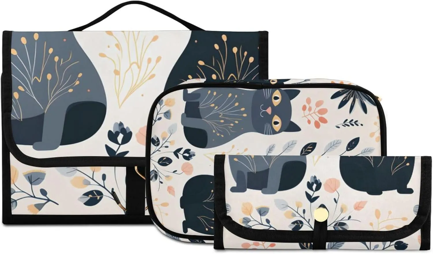 Foldable Hanging Travel Toiletry Organizer Set 3-Piece with Cosmetic Bag & Brush Holder - Cute Cat (1)