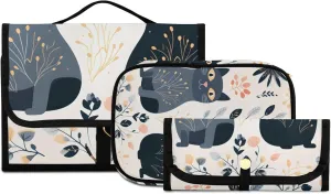 Foldable Hanging Travel Toiletry Organizer Set 3-Piece with Cosmetic Bag & Brush Holder - Cute Cat (1)