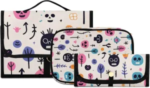 Foldable Hanging Travel Toiletry Organizer Set 3-Piece with Cosmetic Bag & Brush Holder - Cute Skull (1)